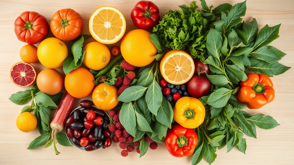 Assortiment de fruits et légumes frais riches en vitamines sur un plan de travail lumineux