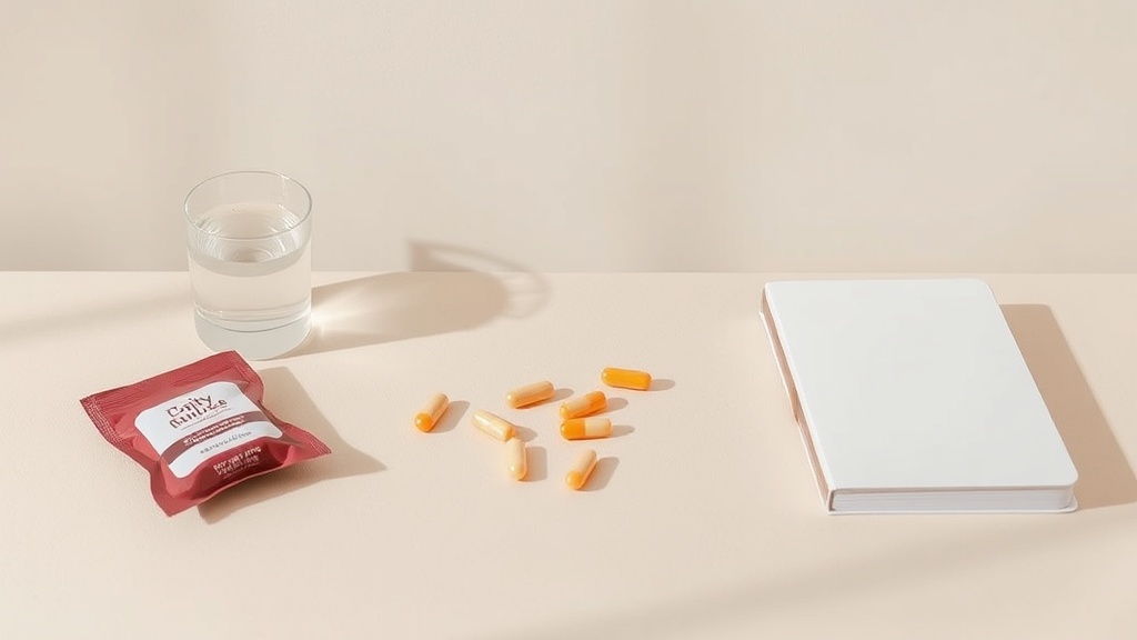Sachets journaliers de compléments alimentaires personnalisés posés près d'un carnet et d'un verre d'eau