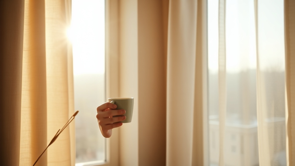 Personne sereine près d'une fenêtre lumineuse tenant une tasse, ambiance calme et reposée