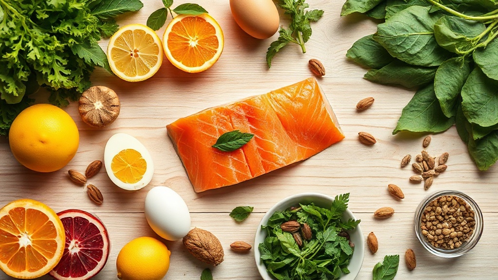 Aliments riches en vitamines et minéraux disposés sur une table en bois clair, poissons gras, oeufs, agrumes et légumes verts