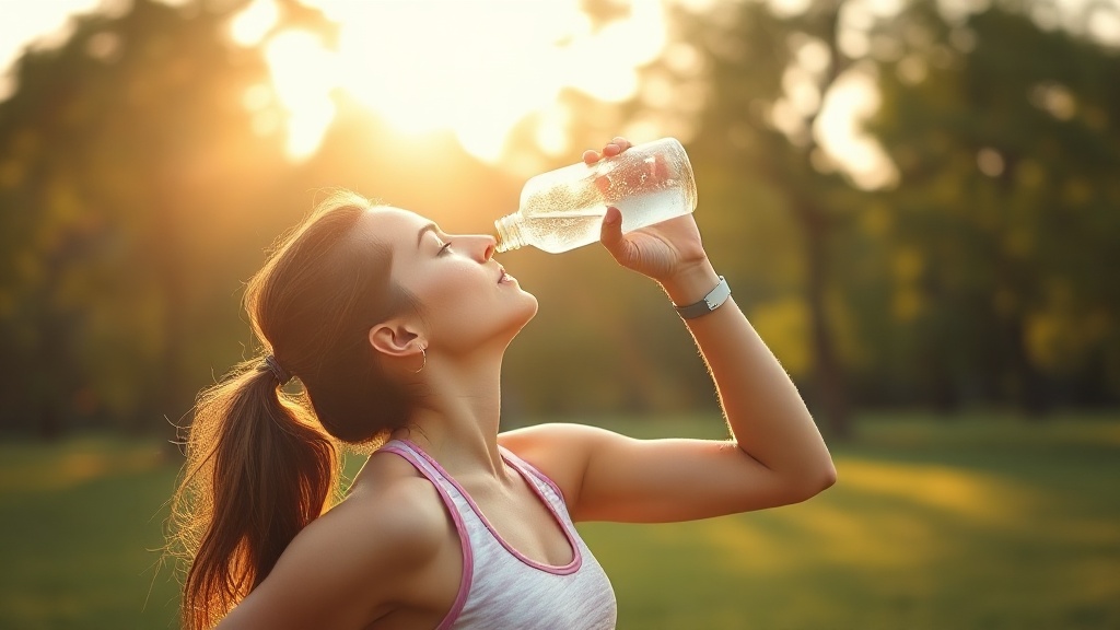 Femme sportive en tenue claire buvant de l'eau au lever du soleil dans un parc, ambiance énergie et récupération