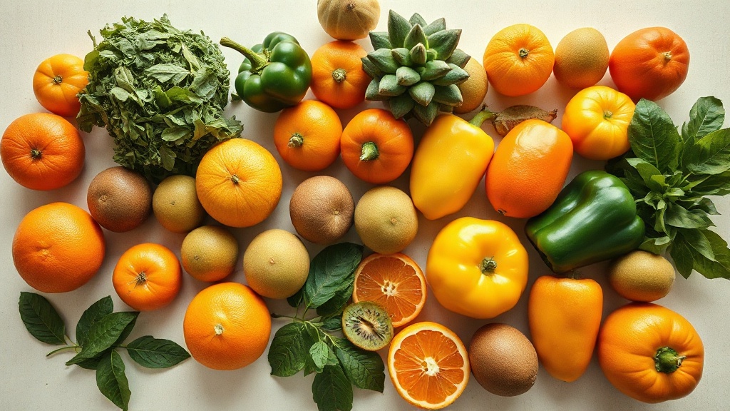 Assortiment de fruits et légumes frais riches en vitamines disposés sur un plan de travail clair