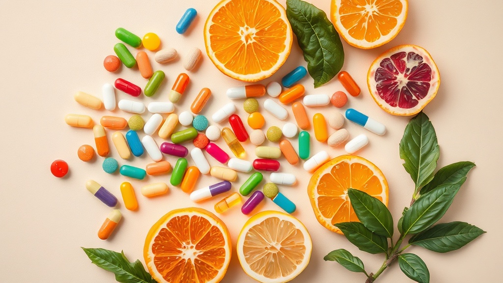 Assortiment de gélules et comprimés de vitamines colorés disposés sur une surface claire près de fruits frais