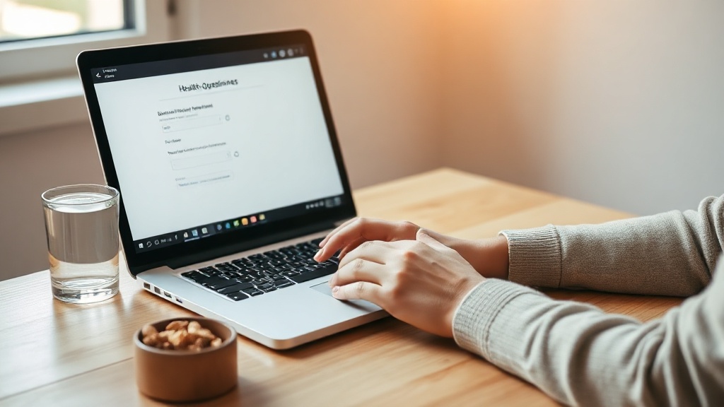 Personne remplissant un questionnaire de santé sur un ordinateur portable dans un intérieur lumineux et épuré