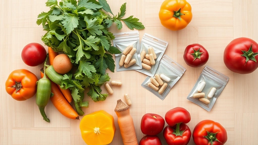 Assortiment de fruits, légumes frais et sachets de gélules disposés sur un plan de travail clair, évoquant une cure de vitamines composée sur mesure