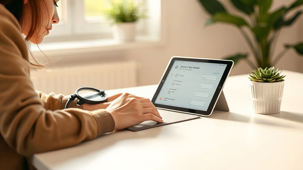 Personne remplissant un questionnaire de santé et de mode de vie sur une tablette, dans un intérieur lumineux et épuré